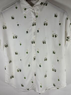 🆕️ Japna White Shamrock & Beer Printed Button Up Shirt